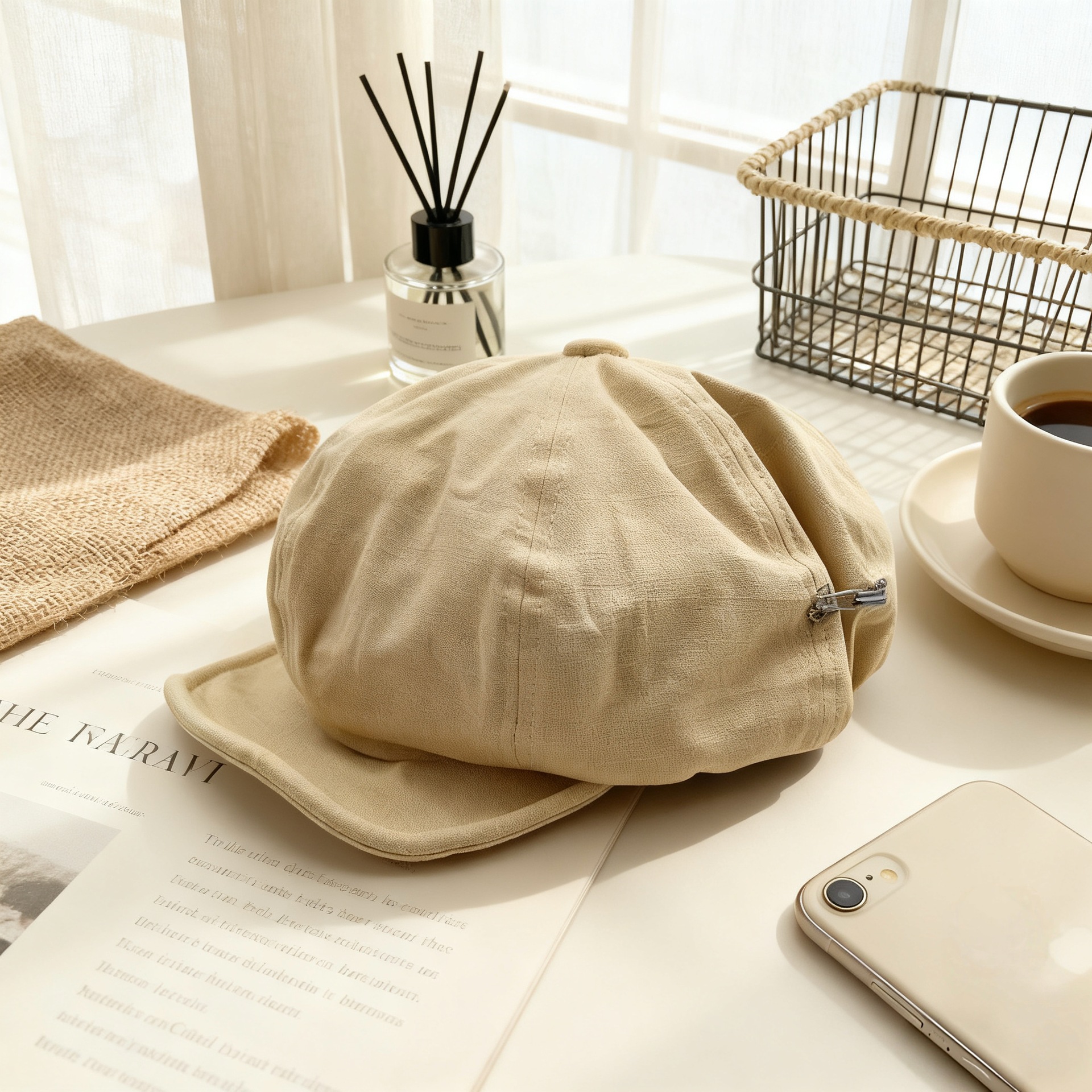 Oversized Slouchy Newsboy Cap - Vintage Japanese Style Baker Boy Hat - Soft Textured Fabric - Khaki (Adjustable 54-60cm) - Image 1