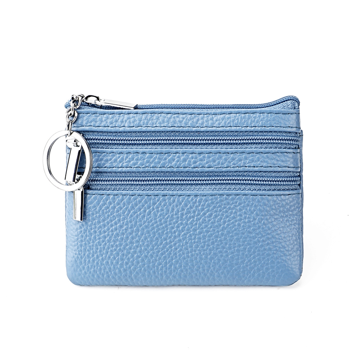 Genuine Leather Coin Purse Mini Wallet with Triple Zipper Pockets Key Ring Holder Pouch for Cash & Cards - Light Blue - Image 1