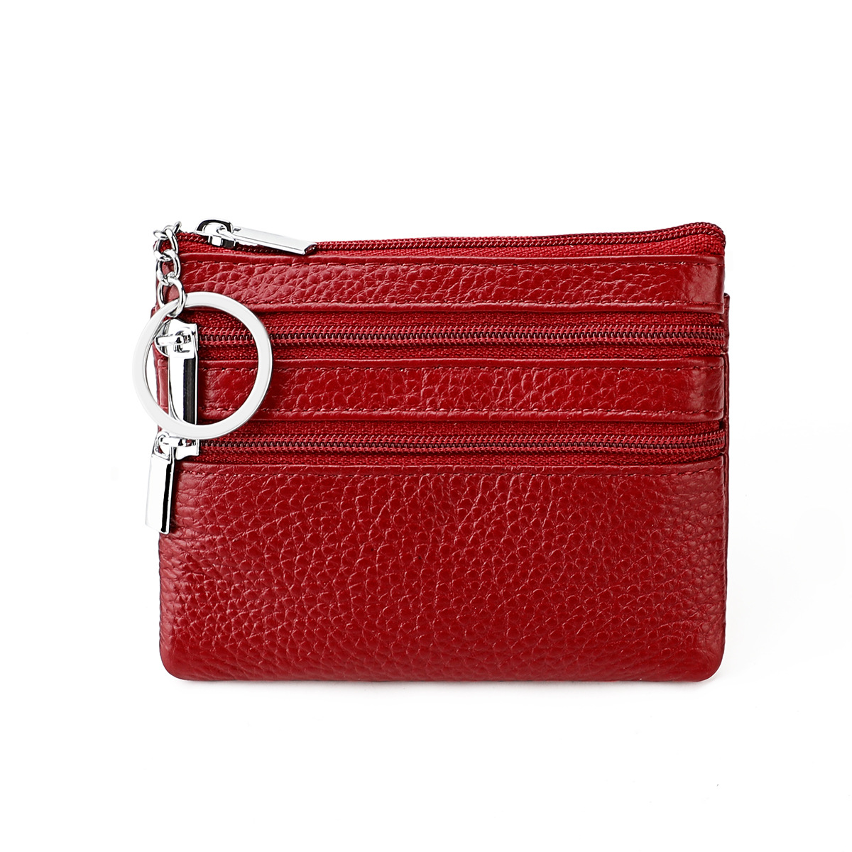 Genuine Leather Coin Purse Mini Wallet with Triple Zipper Pockets Key Ring Holder Pouch for Cash & Cards - Burgundy - Image 1