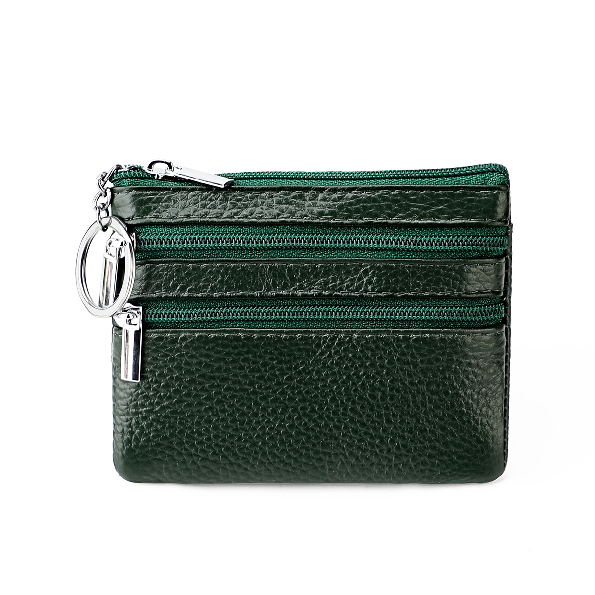 Genuine Leather Coin Purse Mini Wallet with Triple Zipper Pockets Key Ring Holder Pouch for Cash & Cards - Dark Green - Image 1