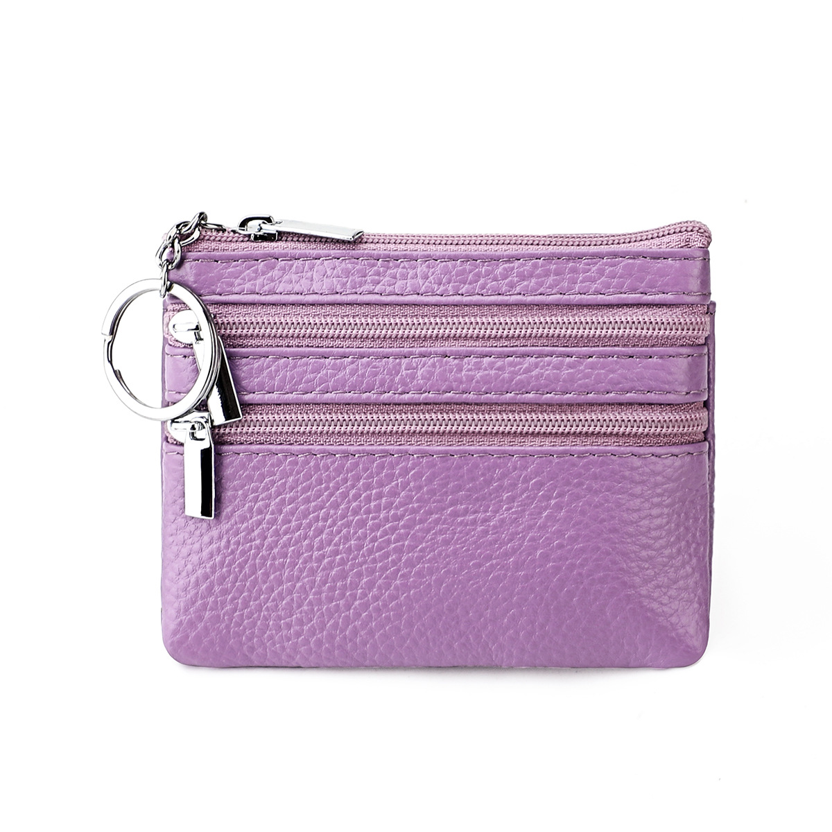 Genuine Leather Coin Purse Mini Wallet with Triple Zipper Pockets Key Ring Holder Pouch for Cash & Cards - Light Purple - Image 1