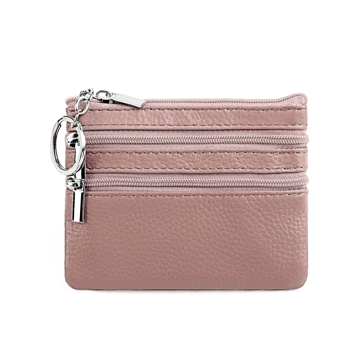 Genuine Leather Coin Purse Mini Wallet with Triple Zipper Pockets Key Ring Holder Pouch for Cash & Cards - Peanut Butter Pink - Image 1