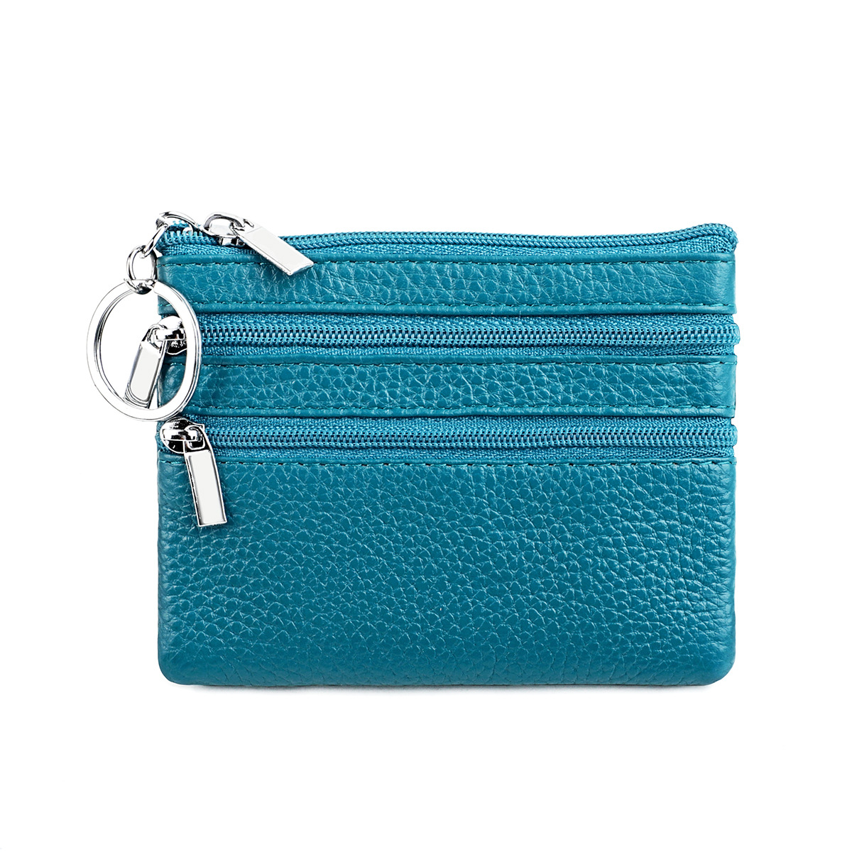 Genuine Leather Coin Purse Mini Wallet with Triple Zipper Pockets Key Ring Holder Pouch for Cash & Cards - Lake Blue - Image 1