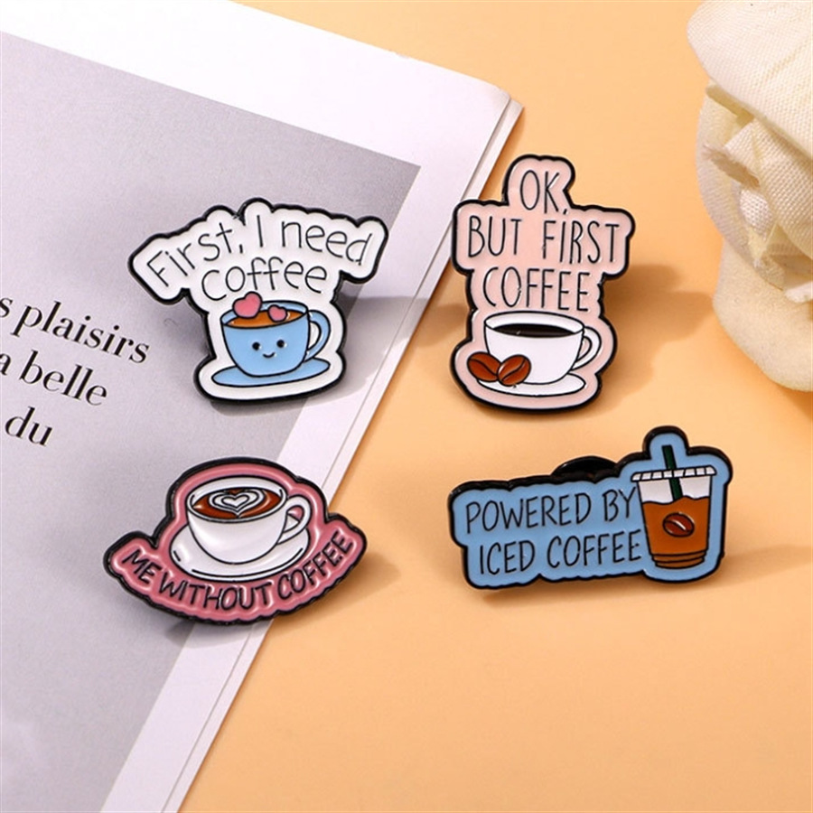 4 Pieces Cartoon Coffee Lovers Enamel Pin Set Zinc Alloy Coffee Cup Badges for Jackets Bags Hats Backpacks Decorative Jewelry Gift Set - Image 1