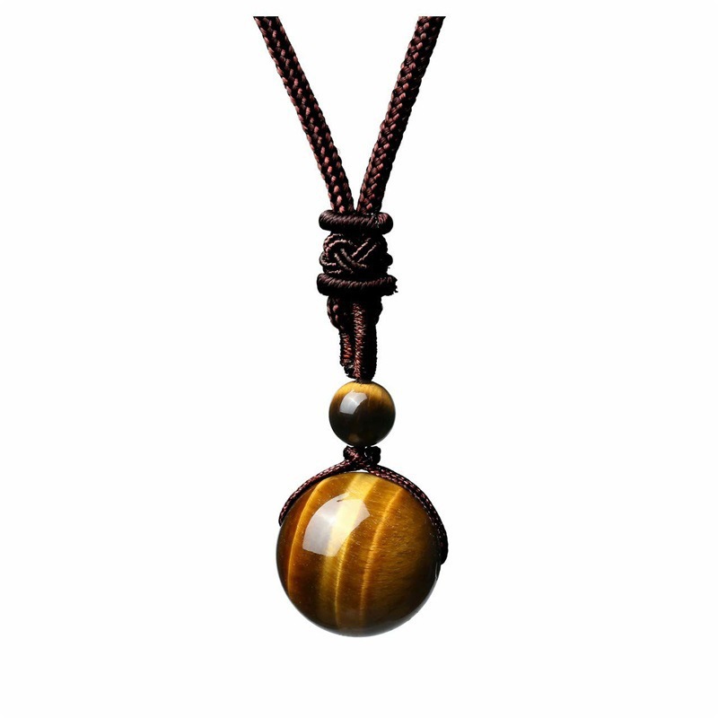 Handmade Woven Tiger Eye Stone Pendant Necklace Vintage Natural 14mm Gemstone Jewelry for Men and Women Simple Retro Style Accessory - Image 1