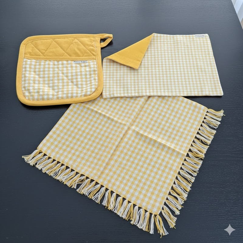 3-Piece Yellow Gingham Cotton Kitchen Linen Set - Reversible Placemat, Fringed Napkin & Quilted Pot Holder - Yarn Dyed Checkered Dining Bundle - Image 1