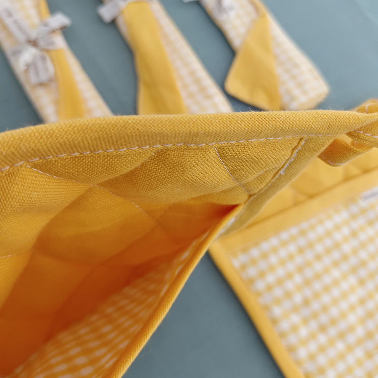 3-Piece Yellow Gingham Cotton Kitchen Linen Set - Reversible Placemat, Fringed Napkin & Quilted Pot Holder - Yarn Dyed Checkered Dining Bundle - Image 5