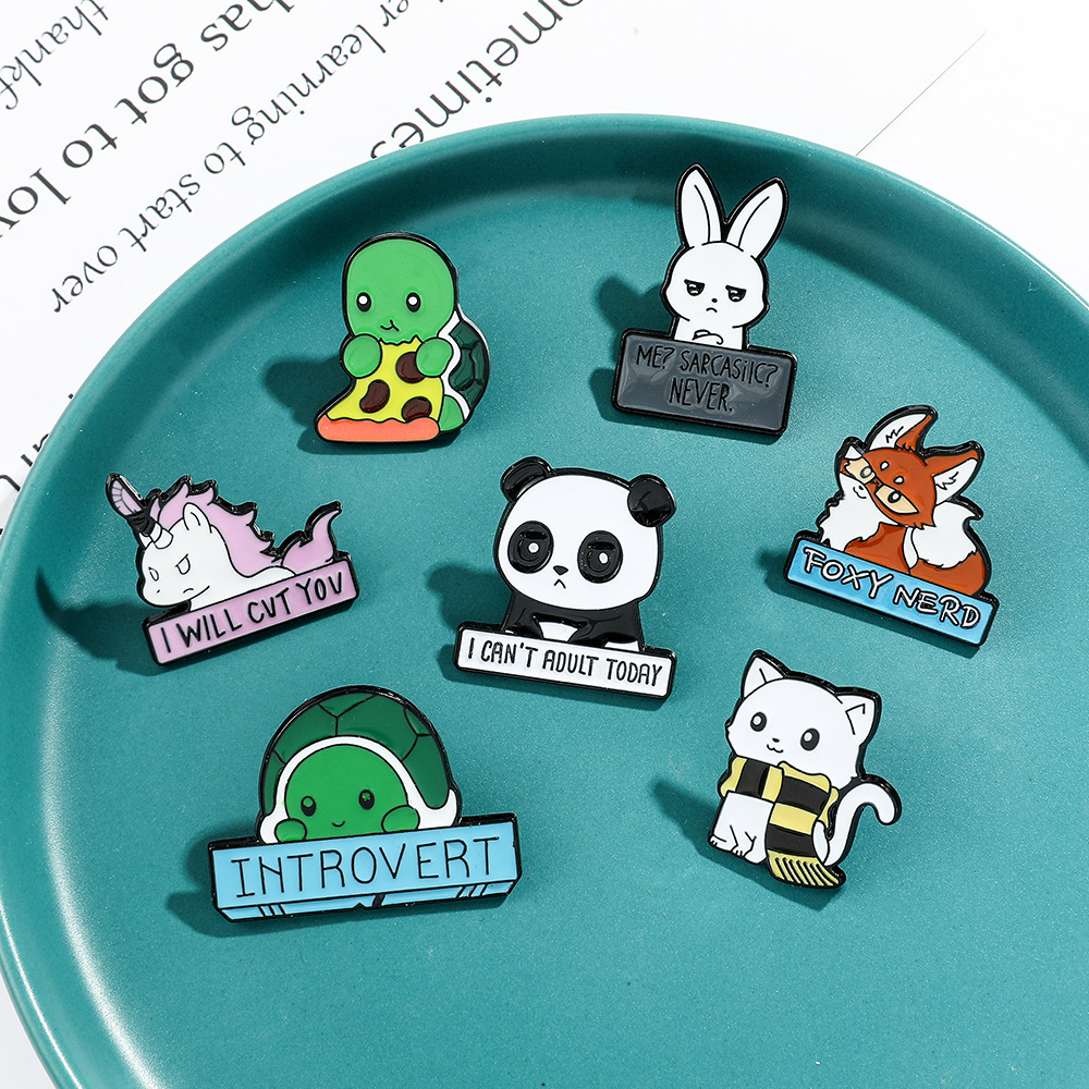 6 PCS Funny Animal Enamel Pins - Rabbit, Cat, Turtle, Fox, Panda & Unicorn Brooch Set - Cute Cartoon Lapel Badges for Backpacks & Jackets - Image 1