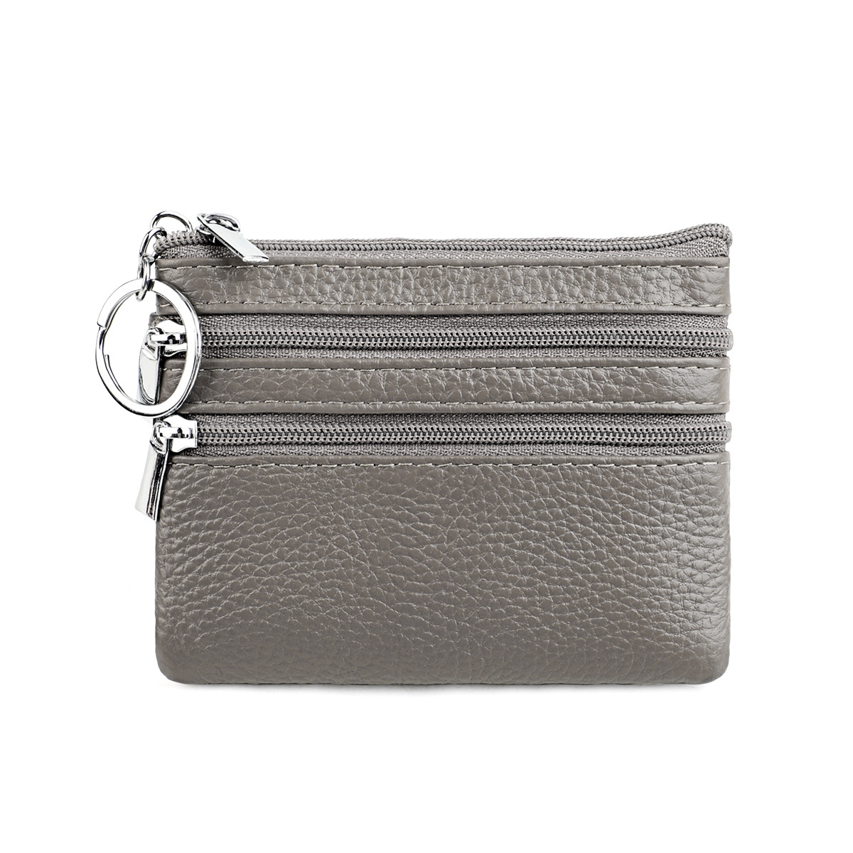 Genuine Leather Coin Purse Mini Wallet with Triple Zipper Pockets Key Ring Holder Pouch for Cash & Cards - Grey - Image 1