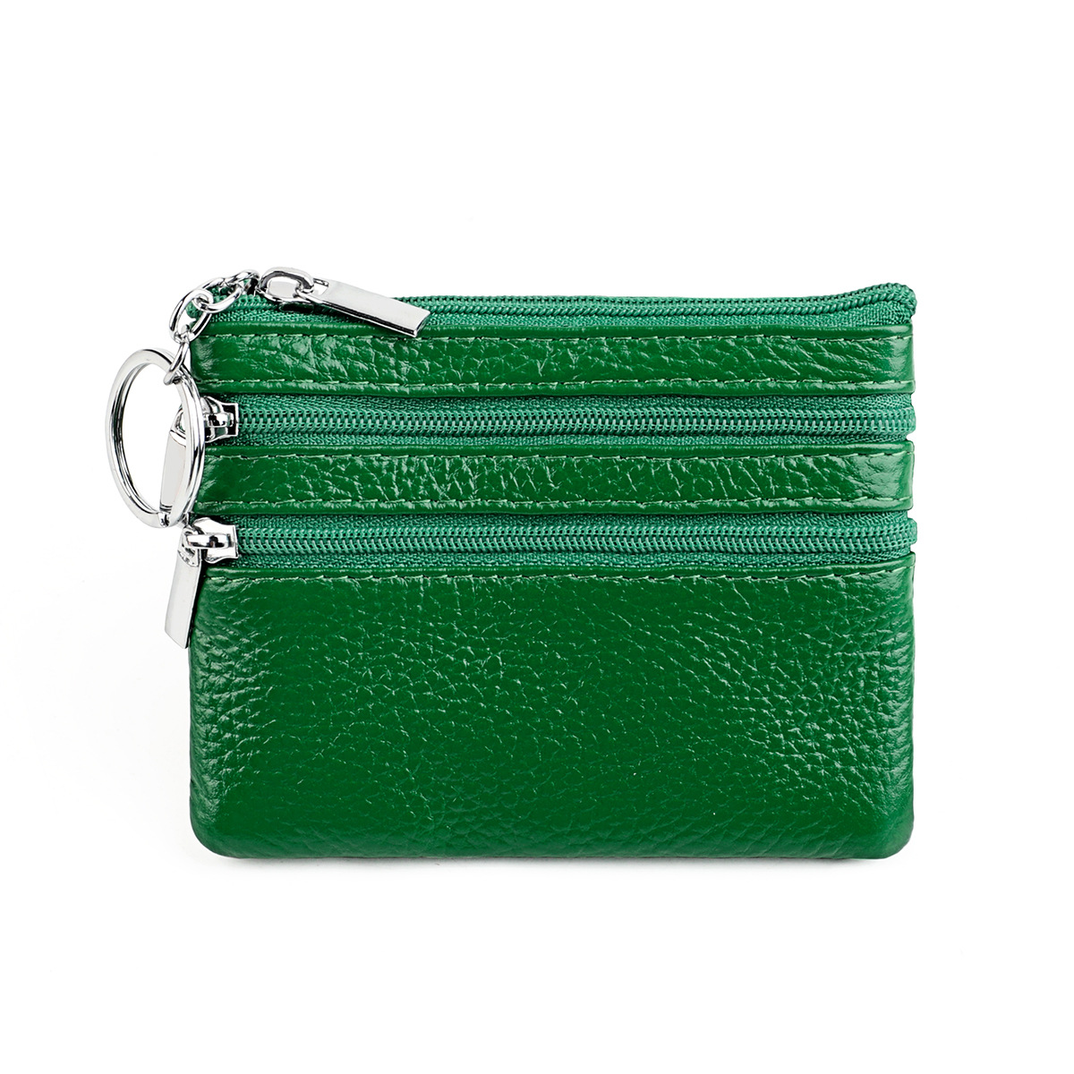 Genuine Leather Coin Purse Mini Wallet with Triple Zipper Pockets Key Ring Holder Pouch for Cash & Cards - Bright Green - Image 1