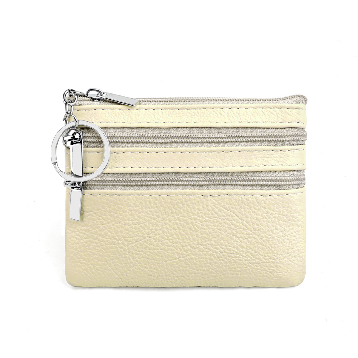 Genuine Leather Coin Purse Mini Wallet with Triple Zipper Pockets Key Ring Holder Pouch for Cash & Cards - Beige White - Image 1