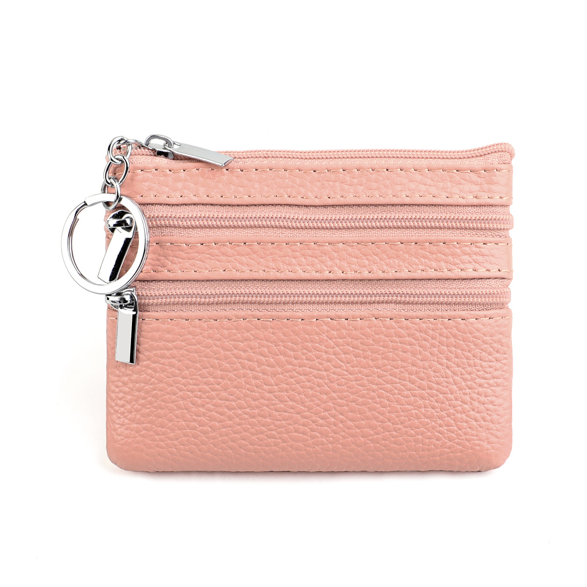 Genuine Leather Coin Purse Mini Wallet with Triple Zipper Pockets Key Ring Holder Pouch for Cash & Cards - Peach Blossom Pink - Image 1