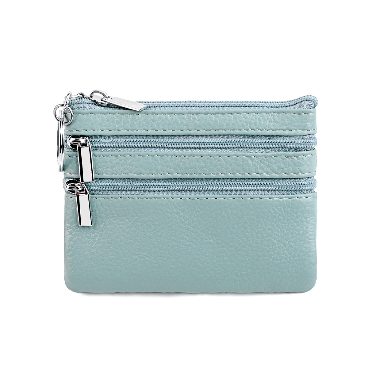 Genuine Leather Coin Purse Mini Wallet with Triple Zipper Pockets Key Ring Holder Pouch for Cash & Cards - Sky Blue - Image 1