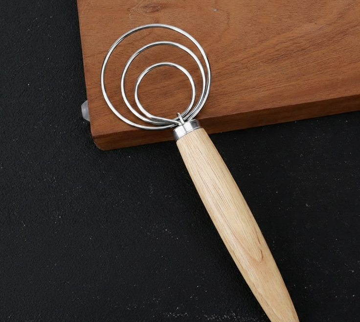Triple Loop Danish Dough Whisk with Short Oak Handle - 9 Inch Compact Stainless Steel Mixer for Sourdough Starters, Eggs & Batter - Hand Held Flour Blender (3 Eye Design) - Image 1