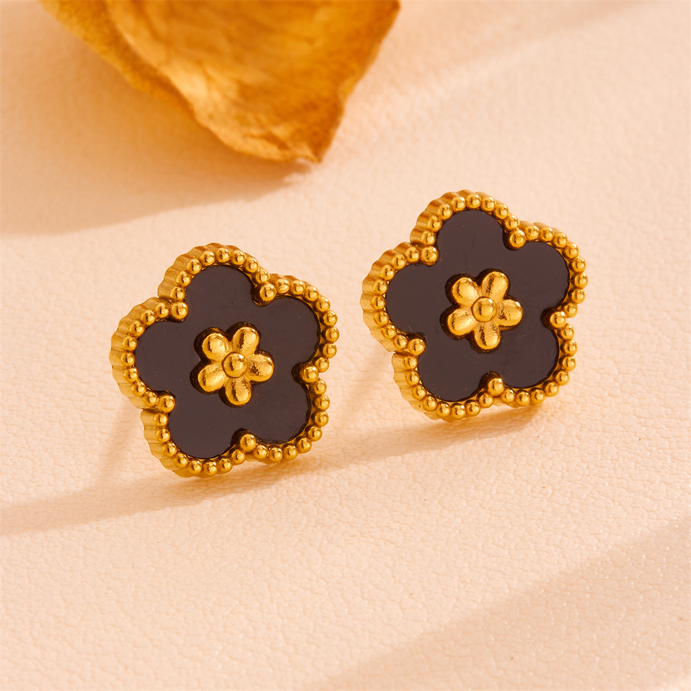 Black Shell Five-Petal Flower Stud Earrings - 18K Gold Plated Stainless Steel Floral Jewellery for Women - Hypoallergenic & Tarnish Resistant (13mm) - Image 1