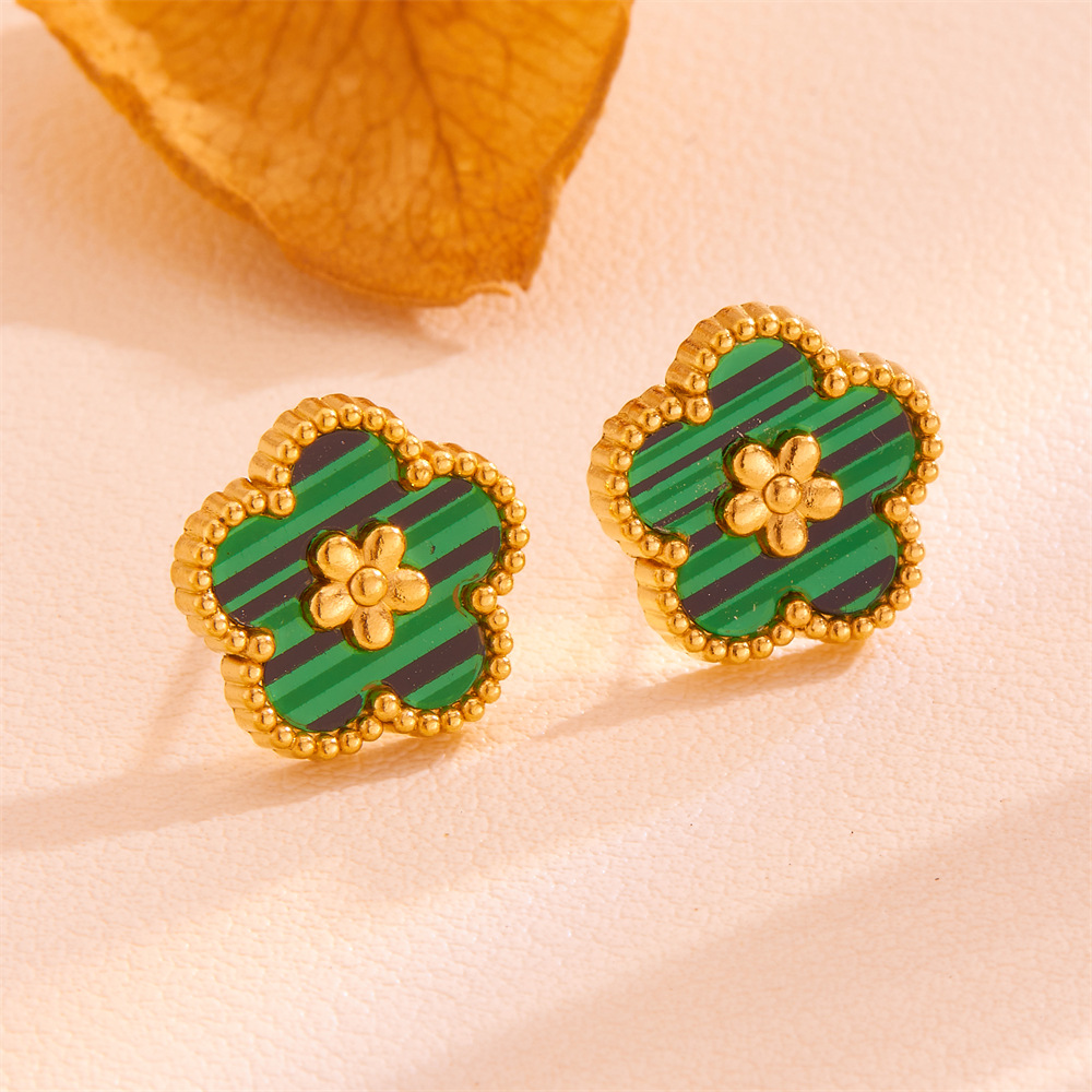 Green Shell Five-Petal Flower Stud Earrings - 18K Gold Plated Stainless Steel Floral Jewellery for Women - Hypoallergenic & Tarnish Resistant (13mm) - Image 1