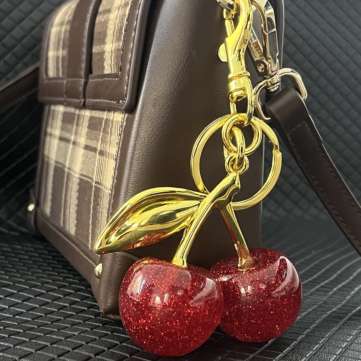 Luxury Sparkly Red Cherry Bag Charm Keychain - Gold Tone Metal Fruit Keyring with Glitter Finish - Cute Purse Accessory for Handbags & Car Keys (11.5cm) - Image 1