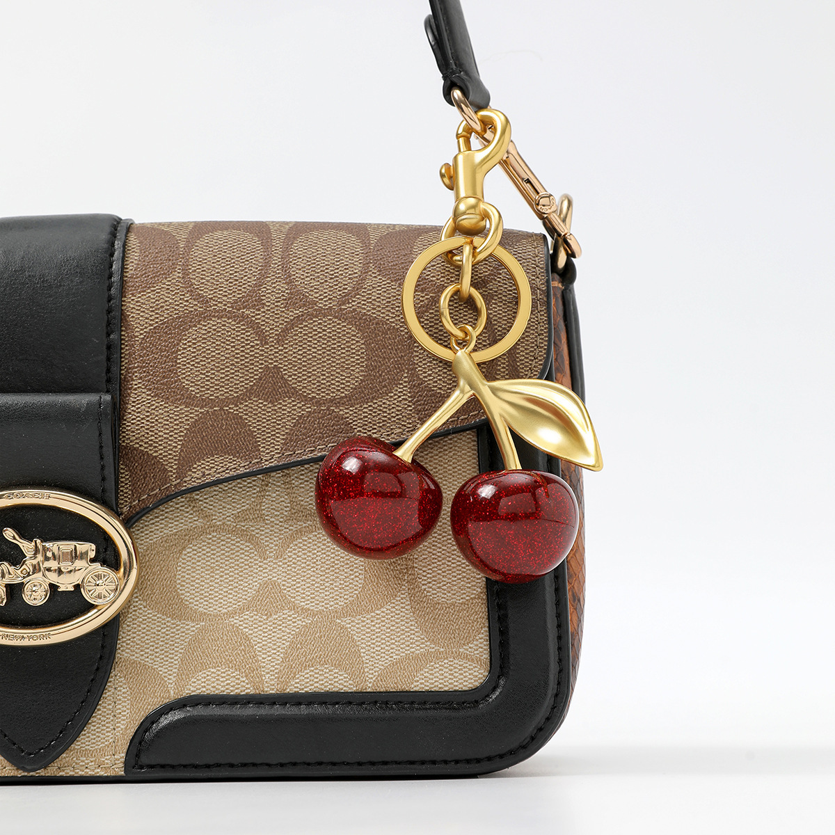 Luxury Sparkly Red Cherry Bag Charm Keychain - Gold Tone Metal Fruit Keyring with Glitter Finish - Cute Purse Accessory for Handbags & Car Keys (11.5cm) - Image 2