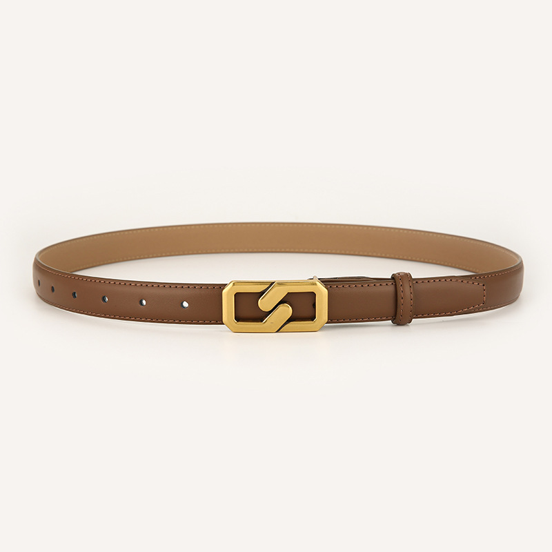 Womens Genuine Leather Belt Caramel 2.3cm Wide Gold Buckle Waist Strap for Jeans & Dresses Elegant Fashion Accessory - Image 1