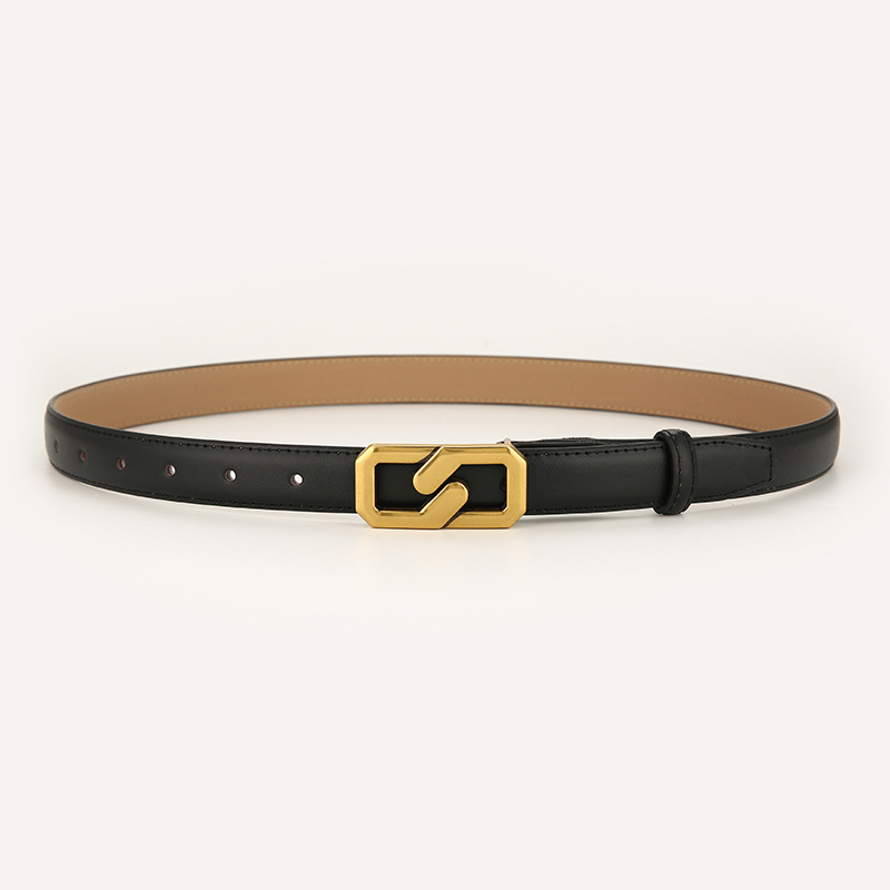 Womens Genuine Leather Belt Black 2.3cm Wide Gold Buckle Waist Strap for Jeans & Dresses Elegant Fashion Accessory - Image 1