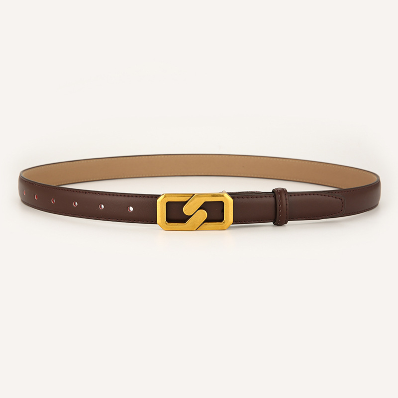 Womens Genuine Leather Belt Coffee 2.3cm Wide Gold Buckle Waist Strap for Jeans & Dresses Elegant Fashion Accessory - Image 1