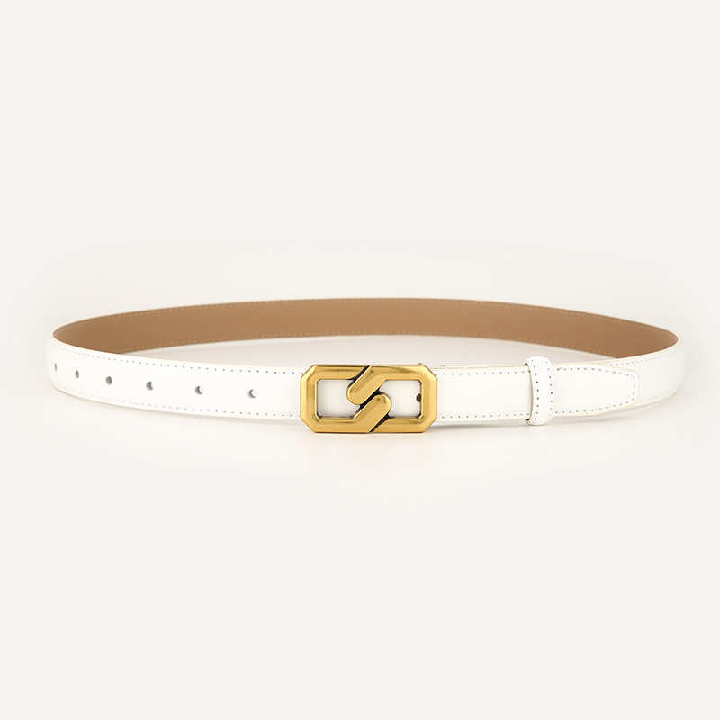 Womens Genuine Leather Belt White 2.3cm Wide Gold Buckle Waist Strap for Jeans & Dresses Elegant Fashion Accessory - Image 1