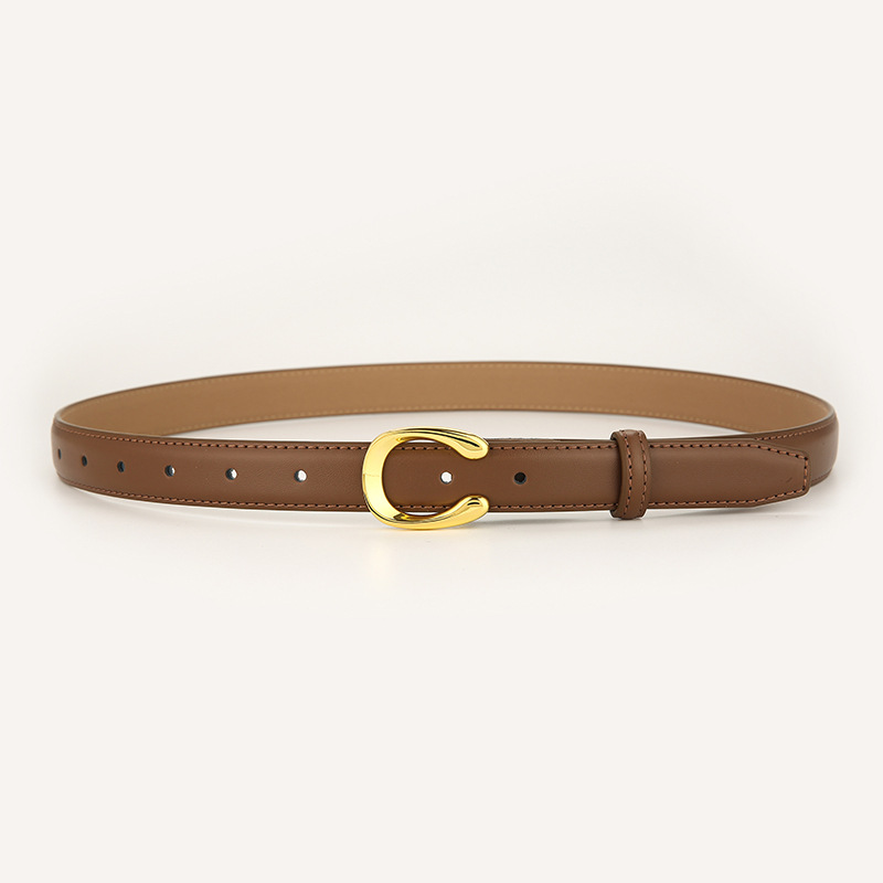 Womens Genuine Leather Belt Caramel C-Shape Gold Buckle Waist Strap for Jeans & Dresses Classic Fashion Accessory - Image 1