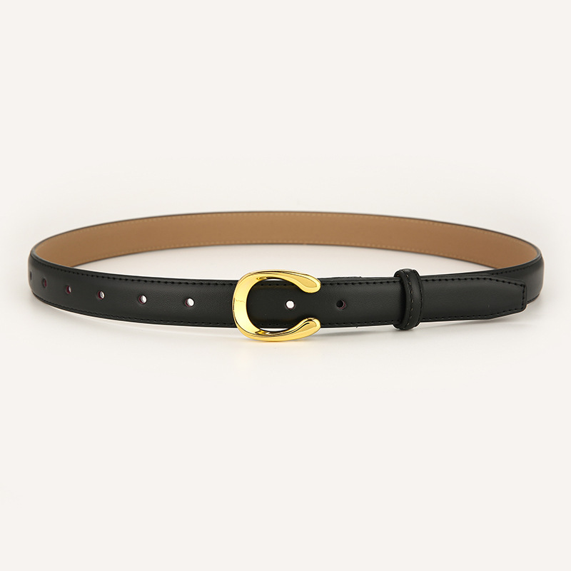 Womens Genuine Leather Belt Black C-Shape Gold Buckle Waist Strap for Jeans & Dresses Classic Fashion Accessory - Image 1