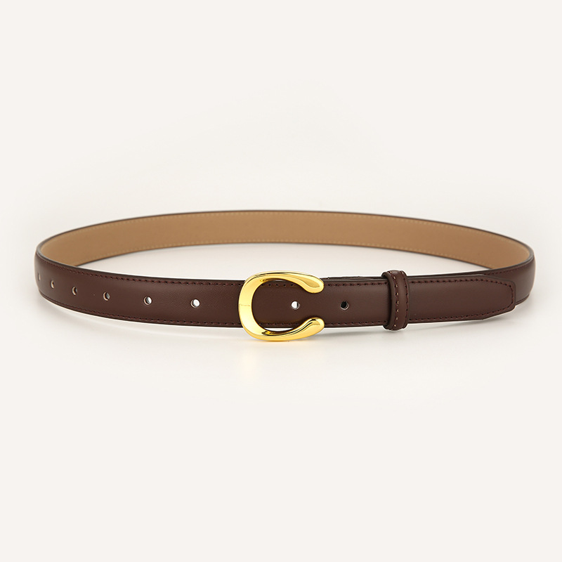 Womens Genuine Leather Belt Coffee C-Shape Gold Buckle Waist Strap for Jeans & Dresses Classic Fashion Accessory - Image 1