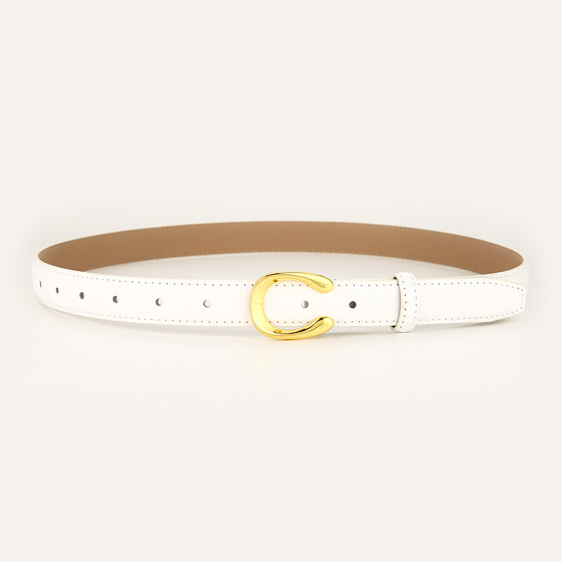 Womens Genuine Leather Belt White C-Shape Gold Buckle Waist Strap for Jeans & Dresses Classic Fashion Accessory - Image 1