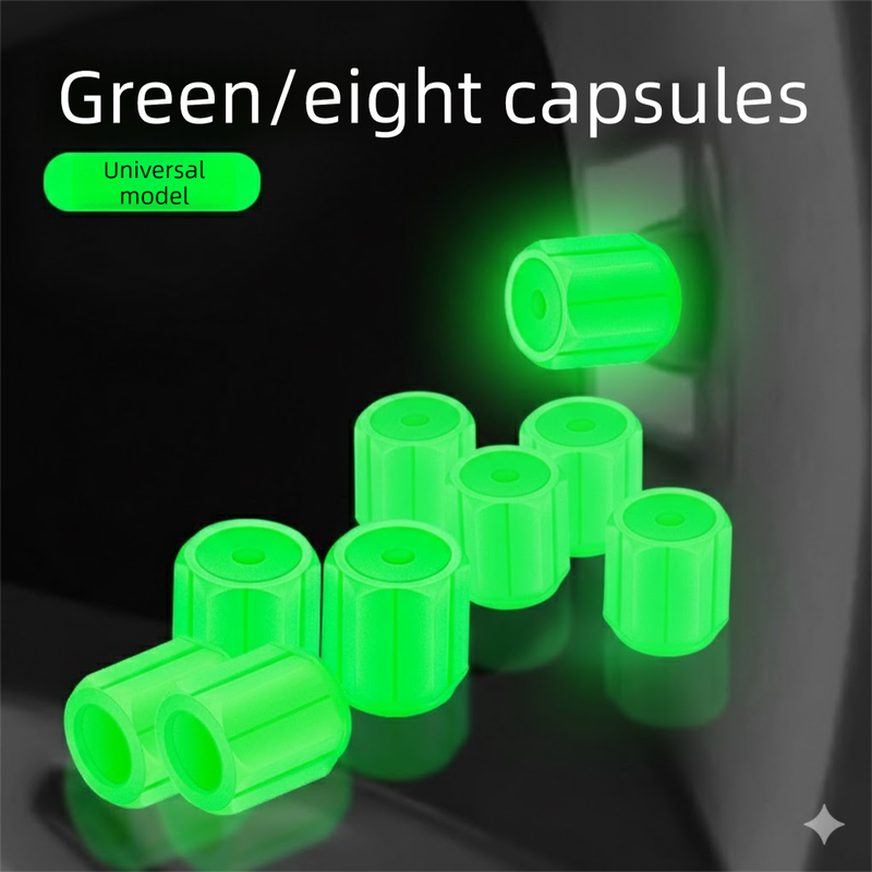 Universal Luminous Tyre Valve Caps 8 PCS Green Glow in Dark Dust Covers for Cars Motorbikes & Bicycles Easy Install - Image 1