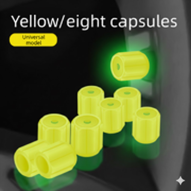 Universal Luminous Tyre Valve Caps 8 PCS Yellow Glow in Dark Dust Covers for Cars Motorbikes & Bicycles Easy Install - Image 1