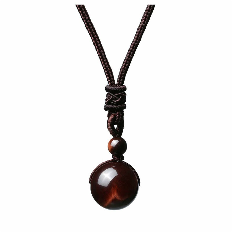 Natural Red Tiger Eye Necklace 16mm Round Stone Pendant Hand Braided Rope Lucky Protection Amulet Jewellery Gift for Men & Women - Image 1