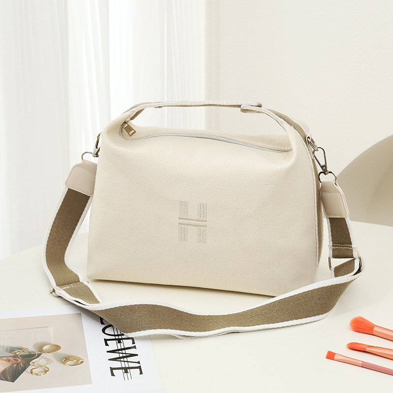 Womens Canvas Crossbody Bag Beige Minimalist H-Letter Box Tote Wide Strap Shoulder Handbag for Travel & Work Large Capacity - Image 1