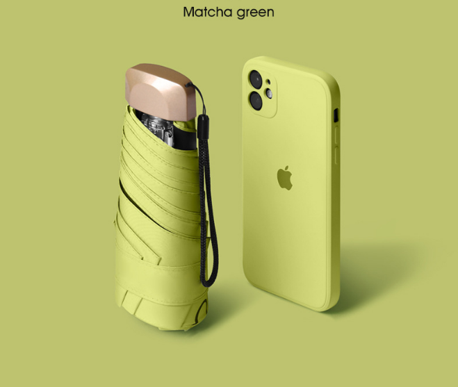 Compact Mini Pocket Umbrella UPF50+ Sun Protection Lightweight Travel Parasol - Windproof 5-Fold Rain Shade with Flat Gold Handle (Matcha Green) - Image 1