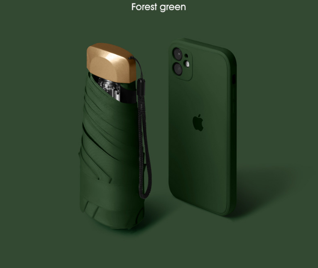 Compact Mini Pocket Umbrella UPF50+ Sun Protection Lightweight Travel Parasol - Windproof 5-Fold Rain Shade with Flat Gold Handle (Forest Green) - Image 1