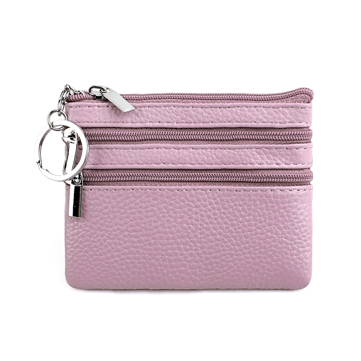 Genuine Leather Coin Purse Mini Wallet with Triple Zipper Pockets Key Ring Holder Pouch for Cash & Cards - Lavender purple - Image 1