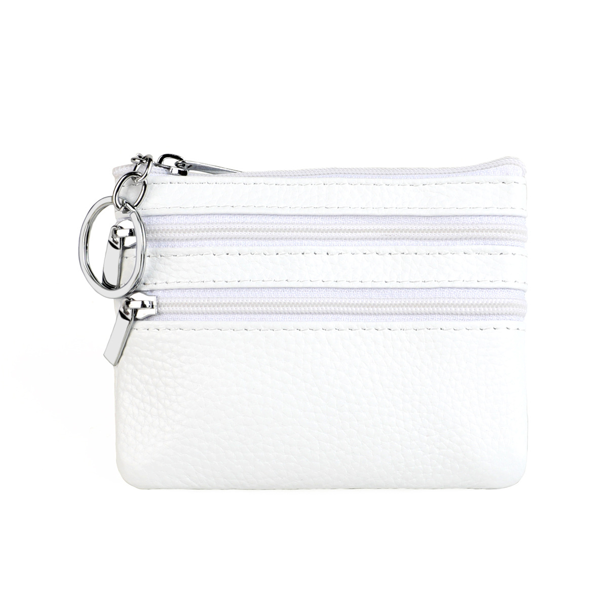 Genuine Leather Coin Purse Mini Wallet with Triple Zipper Pockets Key Ring Holder Pouch for Cash & Cards - White - Image 1