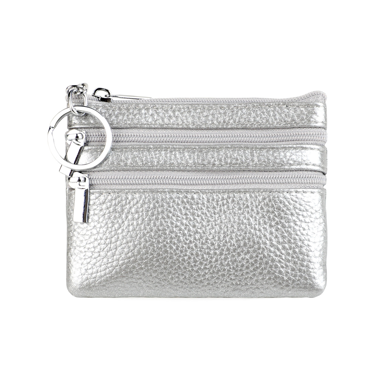 Genuine Leather Coin Purse Mini Wallet with Triple Zipper Pockets Key Ring Holder Pouch for Cash & Cards - Silver - Image 1