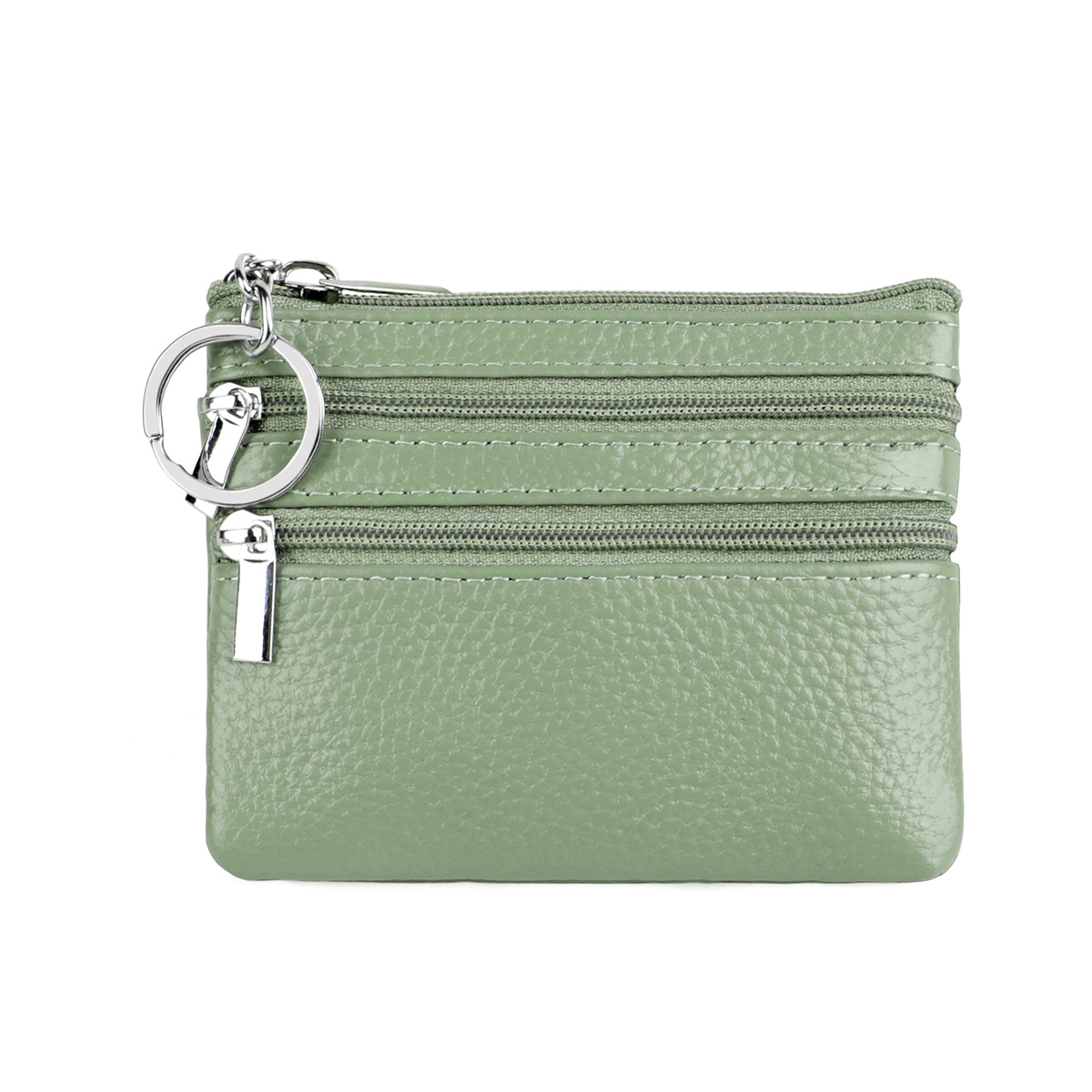 Genuine Leather Coin Purse Mini Wallet with Triple Zipper Pockets Key Ring Holder Pouch for Cash & Cards - Light Green - Image 1