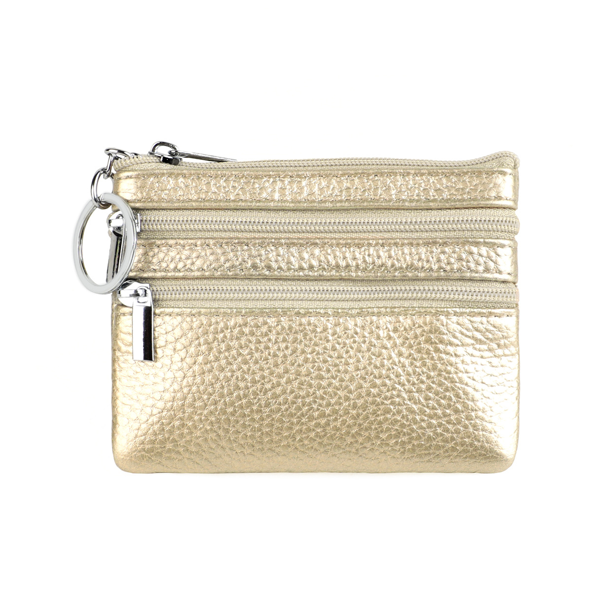 Genuine Leather Coin Purse Mini Wallet with Triple Zipper Pockets Key Ring Holder Pouch for Cash & Cards - Gold - Image 1