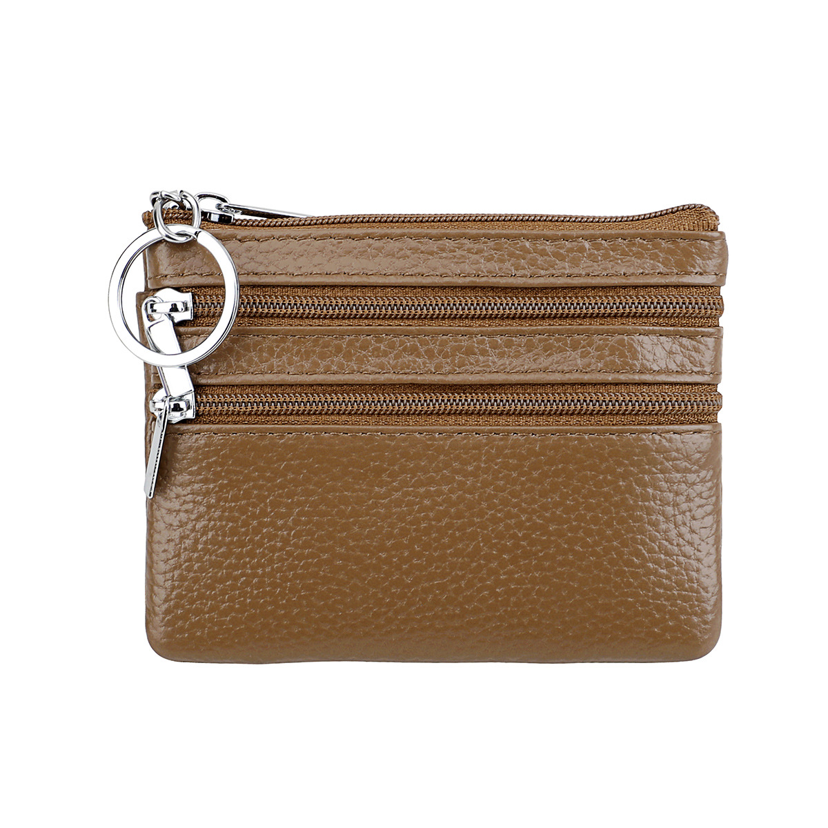 Genuine Leather Coin Purse Mini Wallet with Triple Zipper Pockets Key Ring Holder Pouch for Cash & Cards - Khaki - Image 1