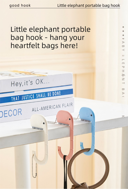 Cartoon Elephant Desk Side Bag Hook White Portable Adhesive Schoolbag Hanger No-Drill Movable Table Hook for Students and Office - Image 3