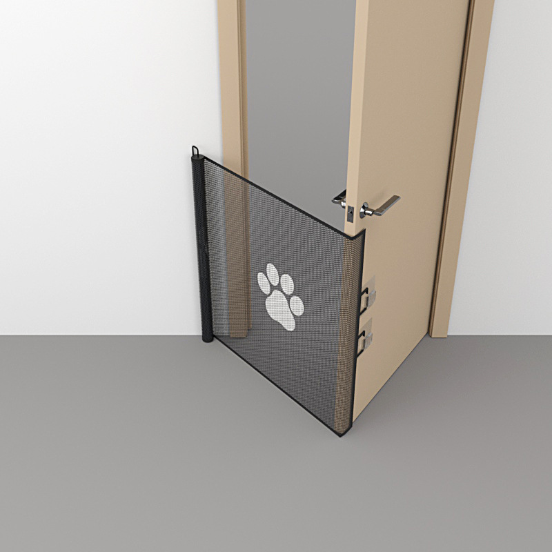 Retractable Pet Safety Gate 130x78cm Paw Print Mesh Dog Barrier Automatic Rebound No Drill Fence for Stairs and Doorways - Image 1