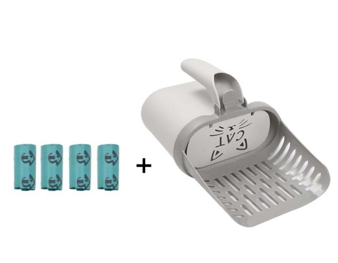 2-in-1 Cat Litter Scoop with Integrated Waste Bin & 4 Rolls Refill Bags Detachable Sifter Shovel Anti-Reflux Baffle Grey - Image 1