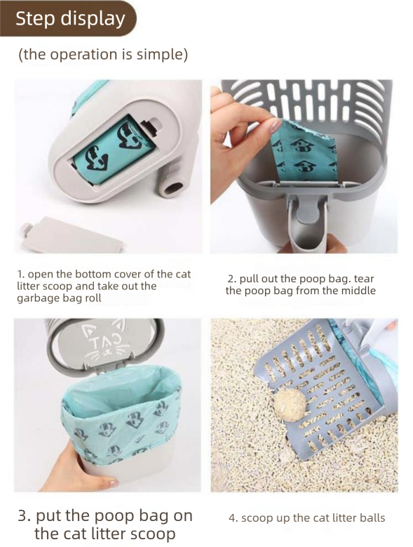 2-in-1 Cat Litter Scoop with Integrated Waste Bin & 4 Rolls Refill Bags Detachable Sifter Shovel Anti-Reflux Baffle Grey - Image 6