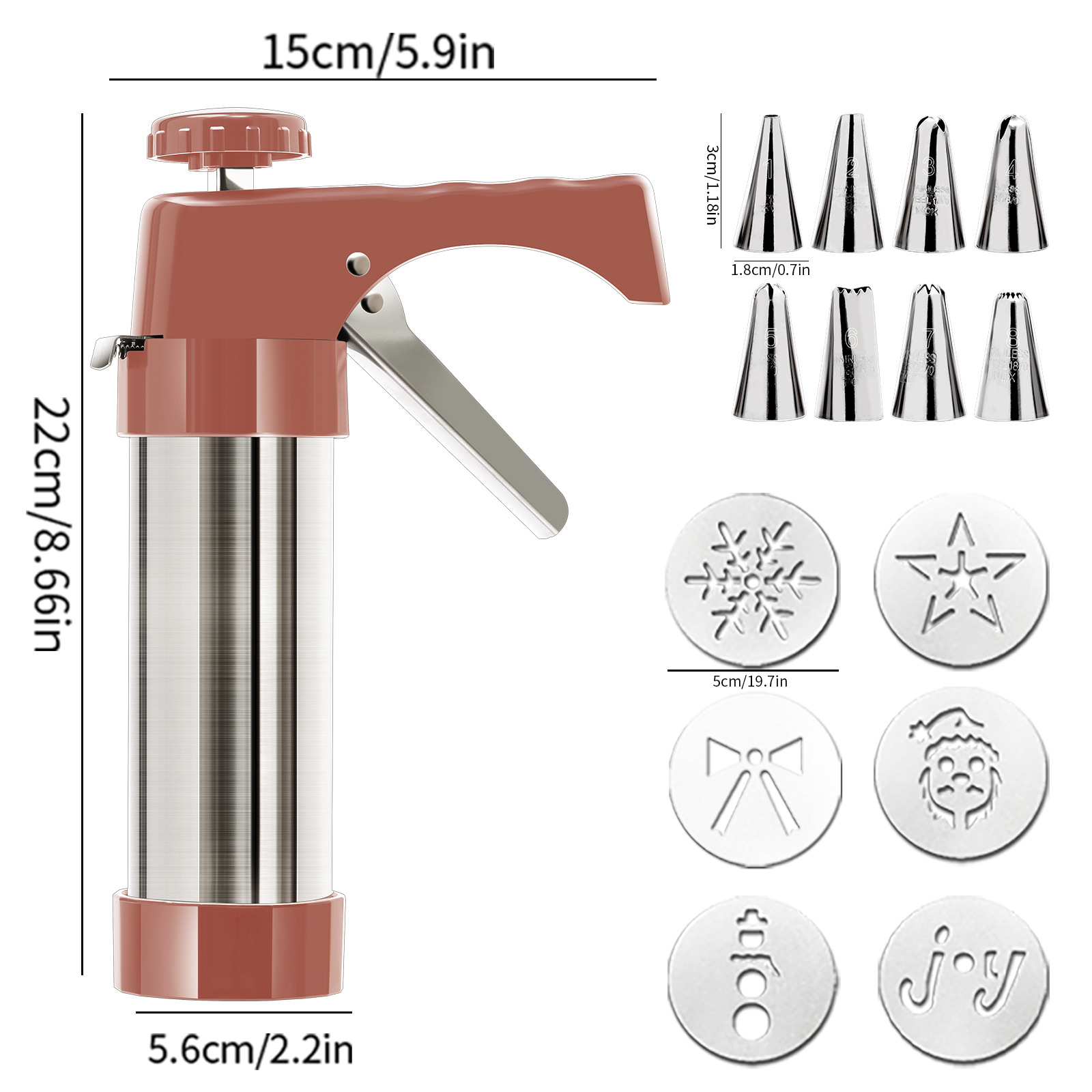 Stainless Steel Cookie Press Maker Kit with 8 Icing Tips and 6 Christmas Discs Red Manual Biscuit Press Machine - Image 1
