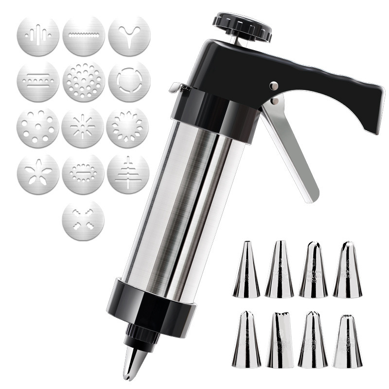 Stainless Steel Cookie Press Maker Kit with 13 Disc Molds and 8 Icing Tips Black Manual Biscuit Machine Set - Image 1