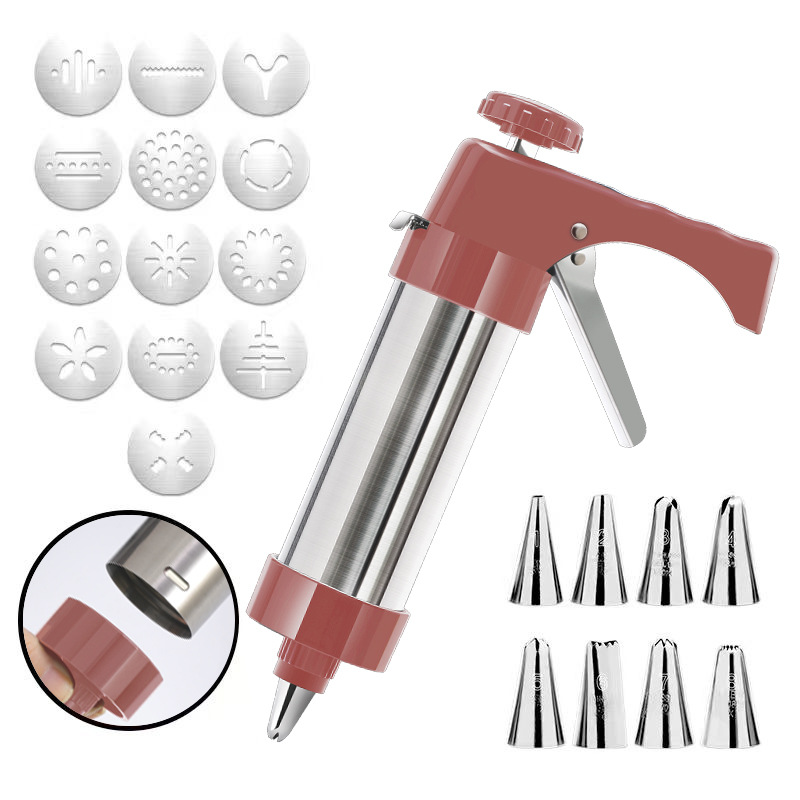 Stainless Steel Cookie Press Maker Kit with 13 Disc Molds and 8 Icing Tips Red Manual Biscuit Machine Set - Image 1