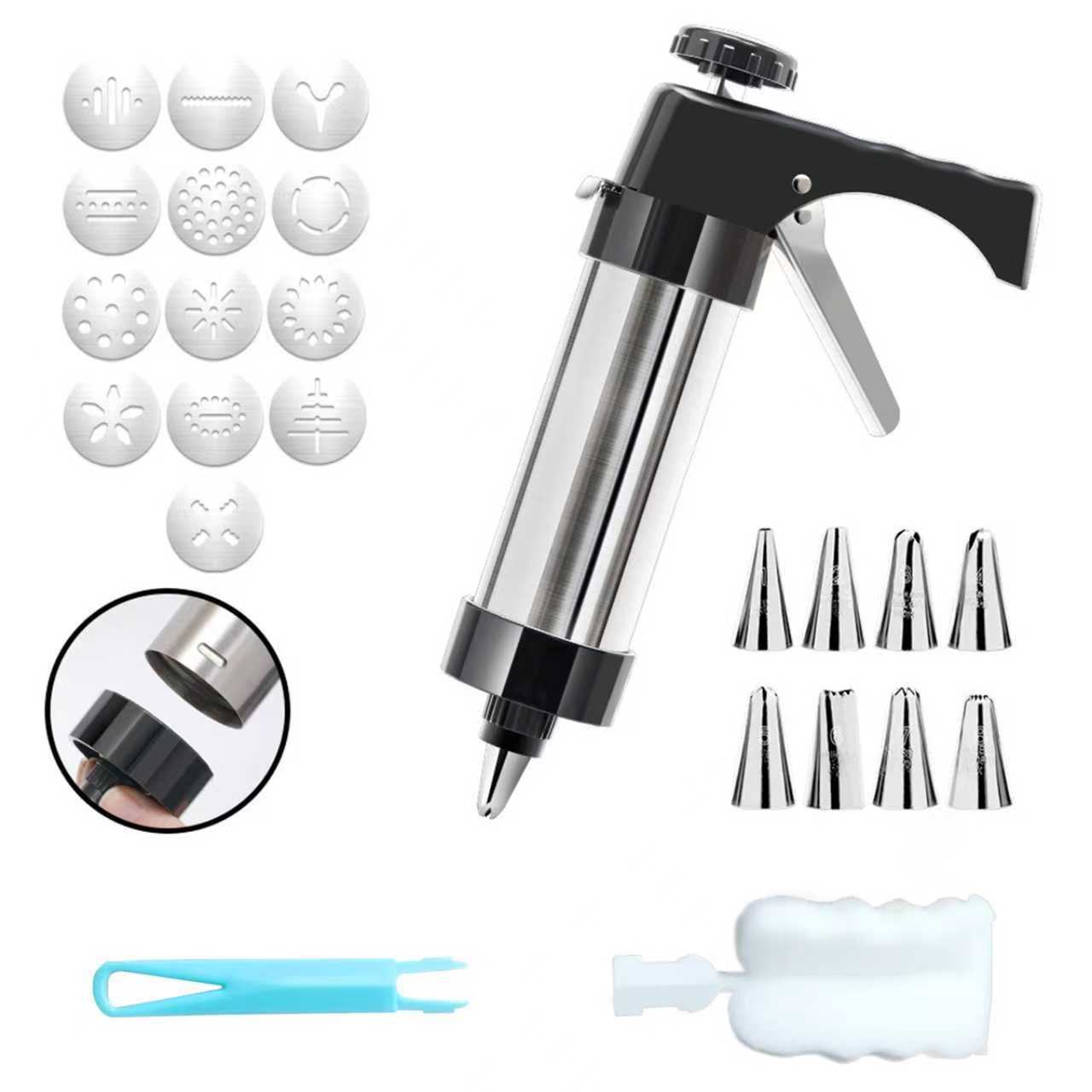 Stainless Steel Cookie Press Maker Kit Black Biscuit Machine with 13 Disc Molds 8 Icing Tips and Sponge Cleaning Brush - Image 1
